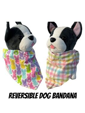 🟣 4/$15 Peeps Bunny and plaid reversible Dog Bandana NEW slides thru collar